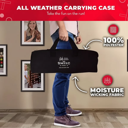Person holding a black carrying case with the SWOOC Games logo