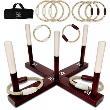 Wooden ring toss game with rope rings and black carrying bag