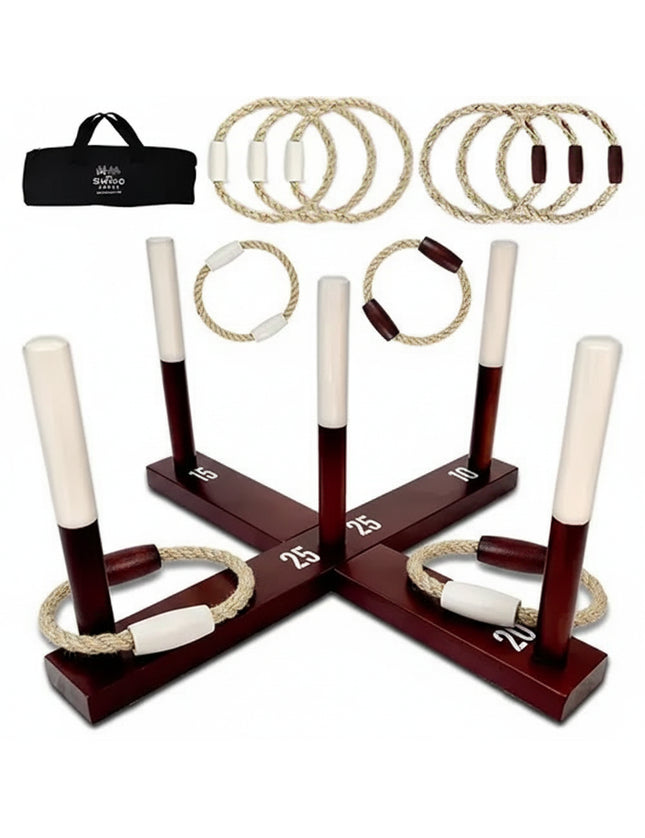 Wooden ring toss game with rope rings and black carrying bag