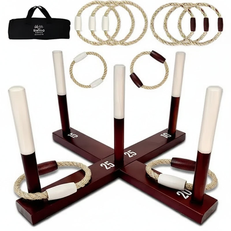 Wooden ring toss game with rope rings and black carrying bag