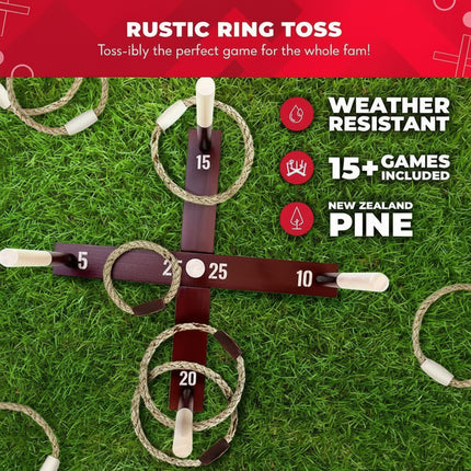Rustic ring toss game on grass with rope rings and numbered wooden pegs
