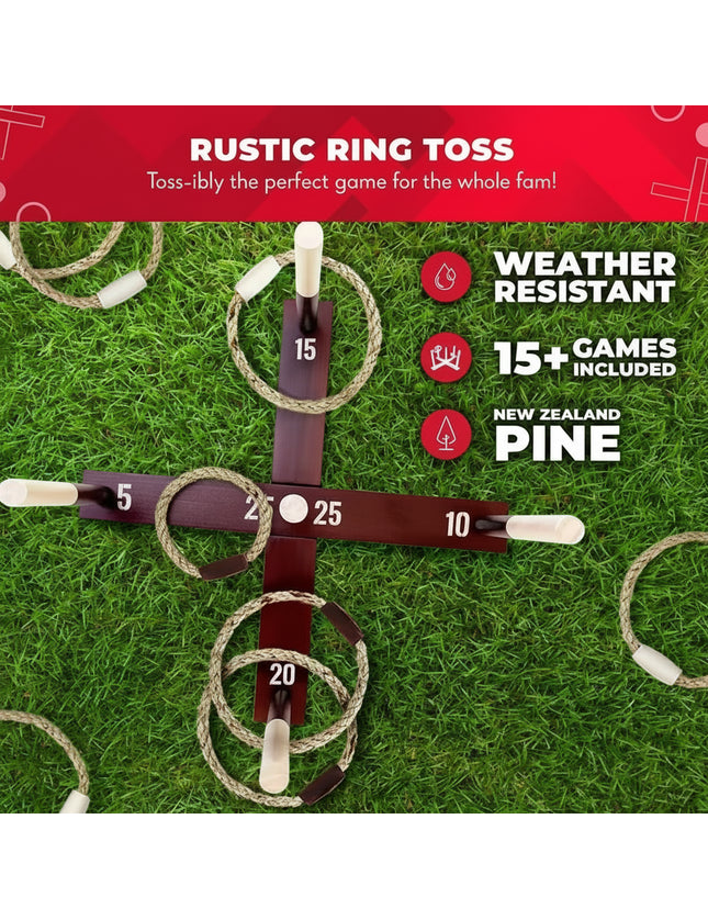 Rustic ring toss game on grass with rope rings and numbered wooden pegs