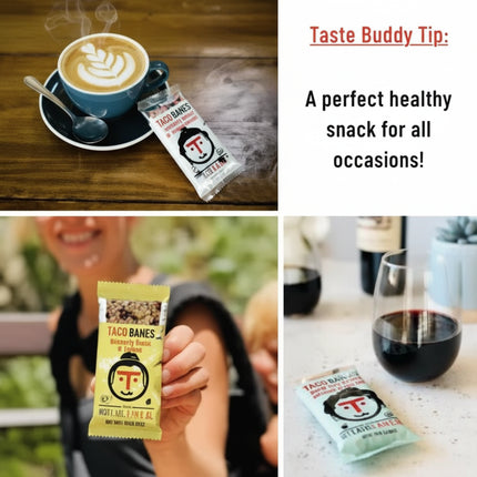 Collage of four images showing Taste Buddy snacks with coffee, held by a person, and with wine