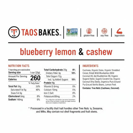 Taos Bakes Blueberry Lemon & Cashew nutrition facts and ingredients