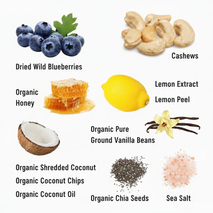 Ingredients for a recipe including blueberries, cashews, honey, lemon, vanilla, coconut, chia seeds, sea salt