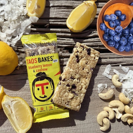 Taos Bakes blueberry lemon and cashew bar with ingredients