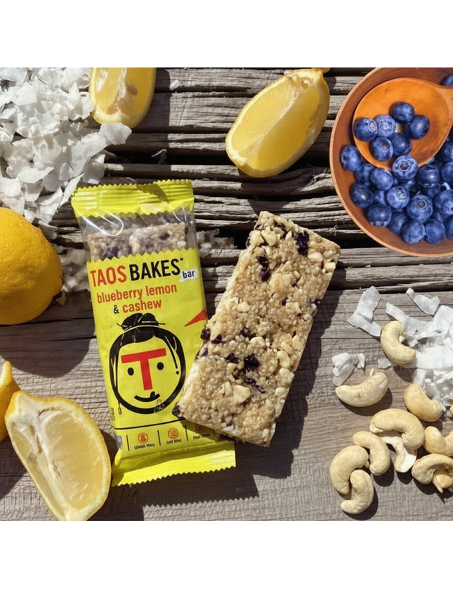 Taos Bakes blueberry lemon and cashew bar with ingredients