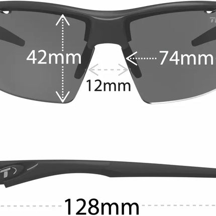 Tifosi sunglasses with measurements: lens height 42mm, lens width 74mm, bridge 12mm, arm length 128mm