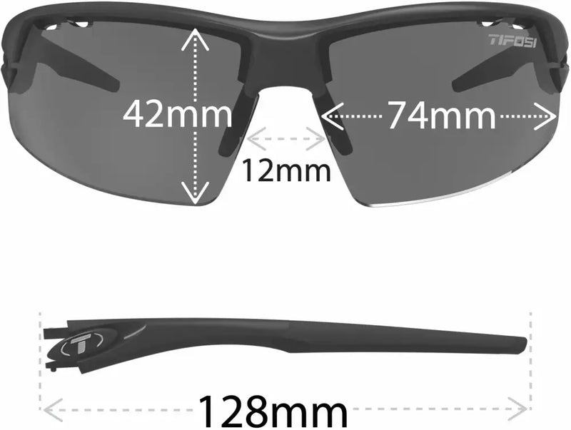 Tifosi sunglasses with measurements: lens height 42mm, lens width 74mm, bridge 12mm, arm length 128mm