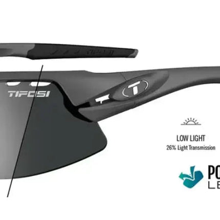 Tifosi sunglasses with polarized lenses and light transmission details for low light and full sun