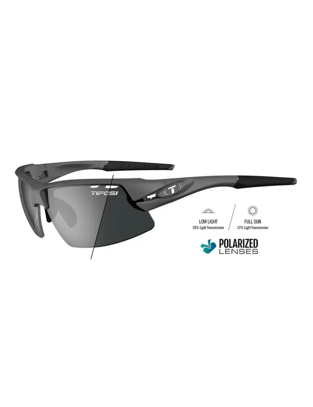 Tifosi sunglasses with polarized lenses and light transmission details for low light and full sun