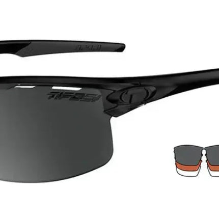 Black Tifosi sunglasses with dark lenses and a graphic indicating 3 lenses are included