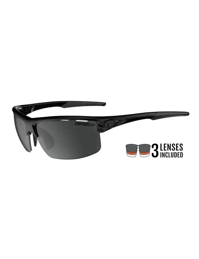 Black Tifosi sunglasses with dark lenses and a graphic indicating 3 lenses are included