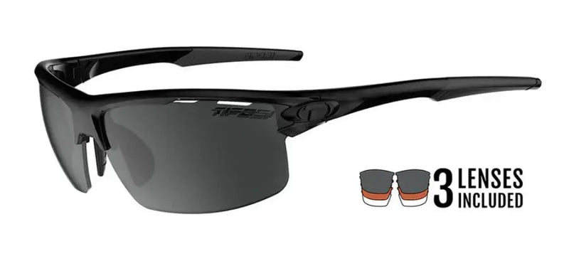 Black Tifosi sunglasses with dark lenses and a graphic indicating 3 lenses are included