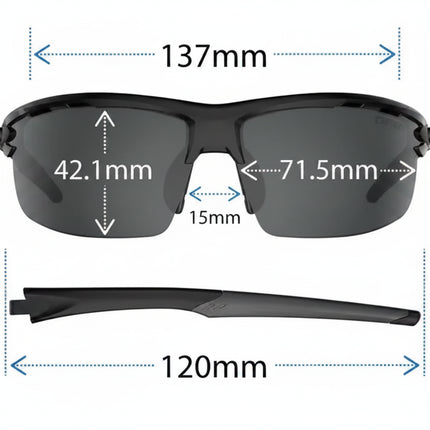 Sunglasses with dimensions: 137mm width, 42.1mm lens height, 71.5mm lens width, 15mm bridge, 120mm temple