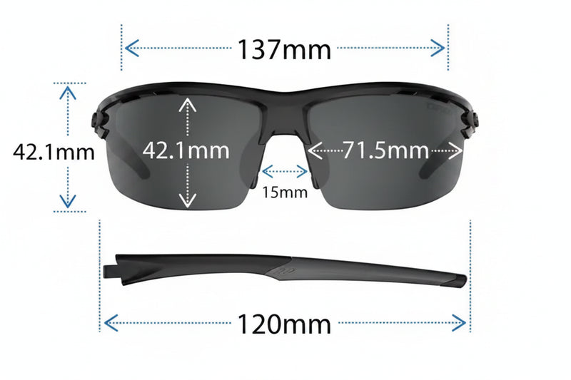 Sunglasses with dimensions: 137mm width, 42.1mm lens height, 71.5mm lens width, 15mm bridge, 120mm temple