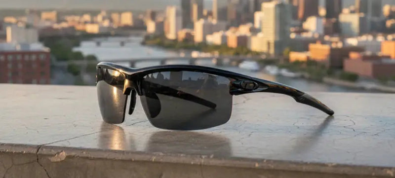 Black sunglasses on a ledge with a city skyline and river in the background