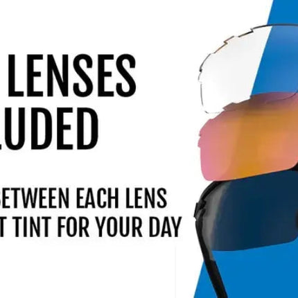 Three interchangeable sunglass lenses: clear, orange, and dark blue