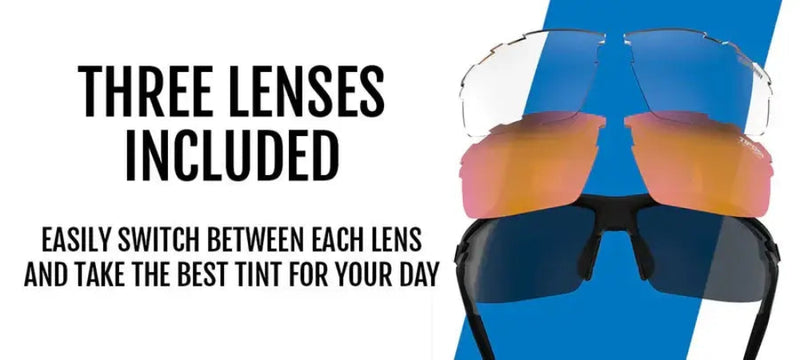 Three interchangeable sunglass lenses: clear, orange, and dark blue