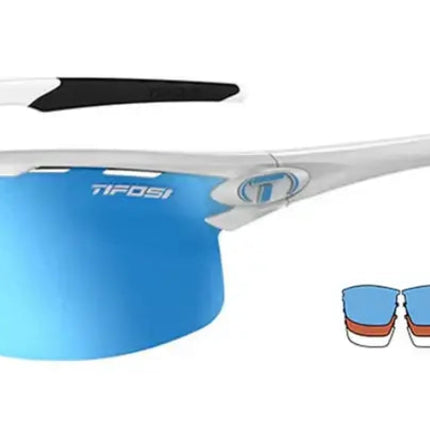 White frame sunglasses with blue mirrored lenses and black ear socks, with an icon showing 3 lenses included