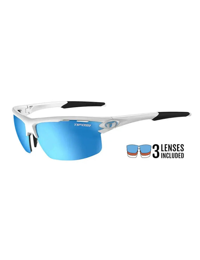 White frame sunglasses with blue mirrored lenses and black ear socks, with an icon showing 3 lenses included