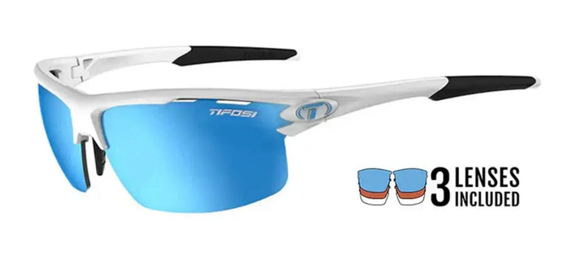 White frame sunglasses with blue mirrored lenses and black ear socks, with an icon showing 3 lenses included