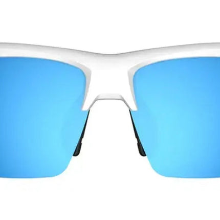 White sunglasses with blue mirrored lenses