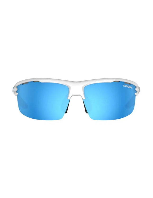 White sunglasses with blue mirrored lenses