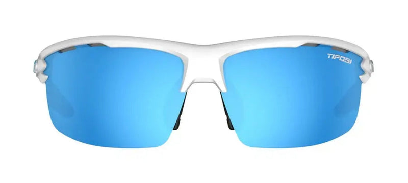 White sunglasses with blue mirrored lenses