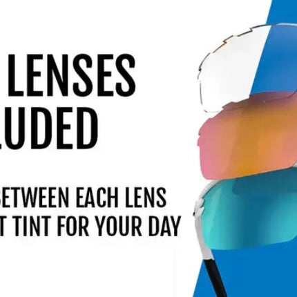 Three interchangeable sunglass lenses: clear, orange, and blue, with text Three Lenses Included