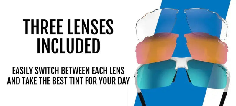 Three interchangeable sunglass lenses: clear, orange, and blue, with text Three Lenses Included