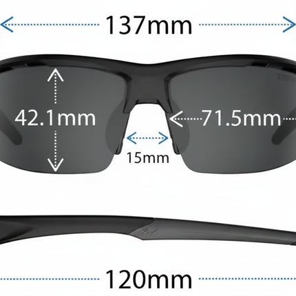 Sunglasses with dimensions: 137mm width, 42.1mm lens height, 71.5mm lens width, 15mm bridge, 120mm temple