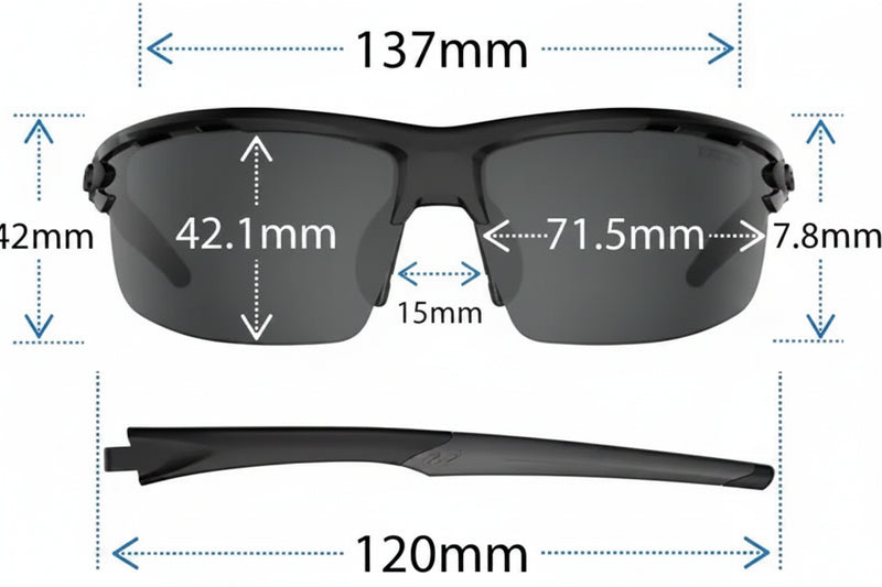 Sunglasses with dimensions: 137mm width, 42.1mm lens height, 71.5mm lens width, 15mm bridge, 120mm temple