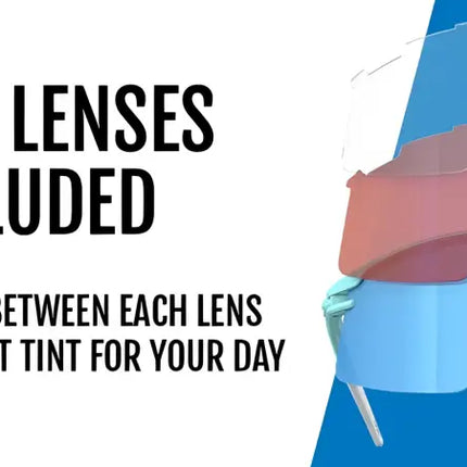 Three interchangeable lenses for sunglasses: clear, red, and blue