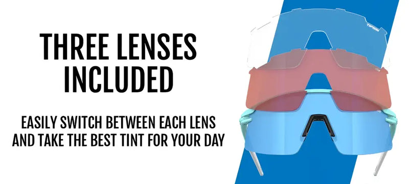 Three interchangeable lenses for sunglasses: clear, red, and blue