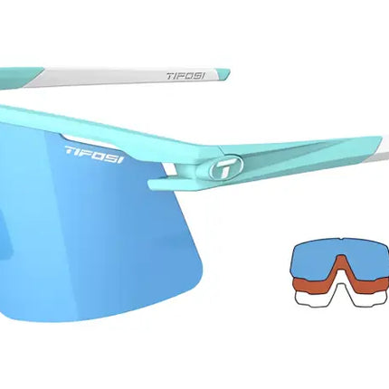 Tifosi sunglasses with light blue frame and lens, with an icon showing 3 interchangeable lenses included