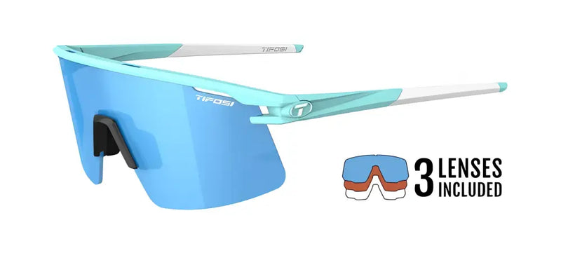 Tifosi sunglasses with light blue frame and lens, with an icon showing 3 interchangeable lenses included