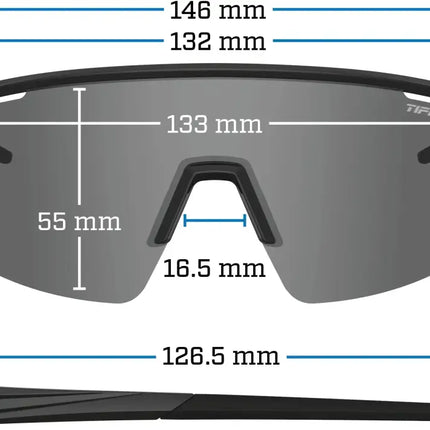 Tifosi Rail sunglasses with measurements: 146mm width, 55mm height, 133mm lens, 16.5mm nose, 126.5mm arm