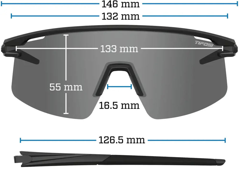 Tifosi Rail sunglasses with measurements: 146mm width, 55mm height, 133mm lens, 16.5mm nose, 126.5mm arm