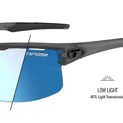 Tifosi sunglasses with blue lenses, showing a transition from light to dark tint for different light conditions