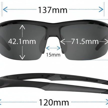 Black sunglasses with dimensions: 137mm total width, 42.1mm lens height, 71.5mm lens width, 15mm bridge, 120mm arm length