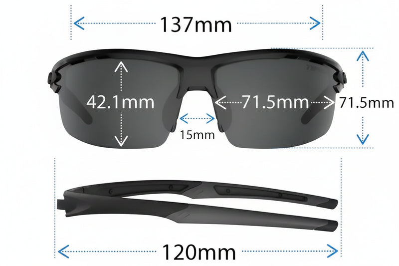 Black sunglasses with dimensions: 137mm total width, 42.1mm lens height, 71.5mm lens width, 15mm bridge, 120mm arm length