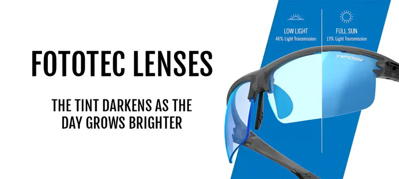 Fototec lenses graphic showing light transmission in low light and full sun conditions