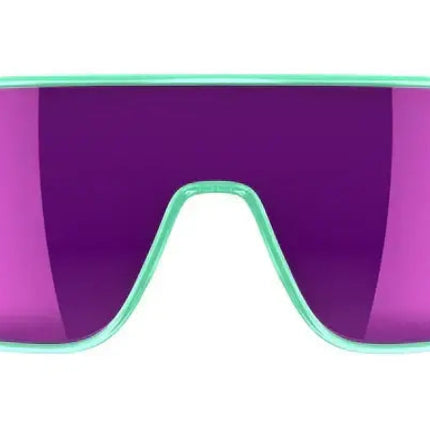 Mint green sunglasses with purple lenses and a small white T logo in the top right corner