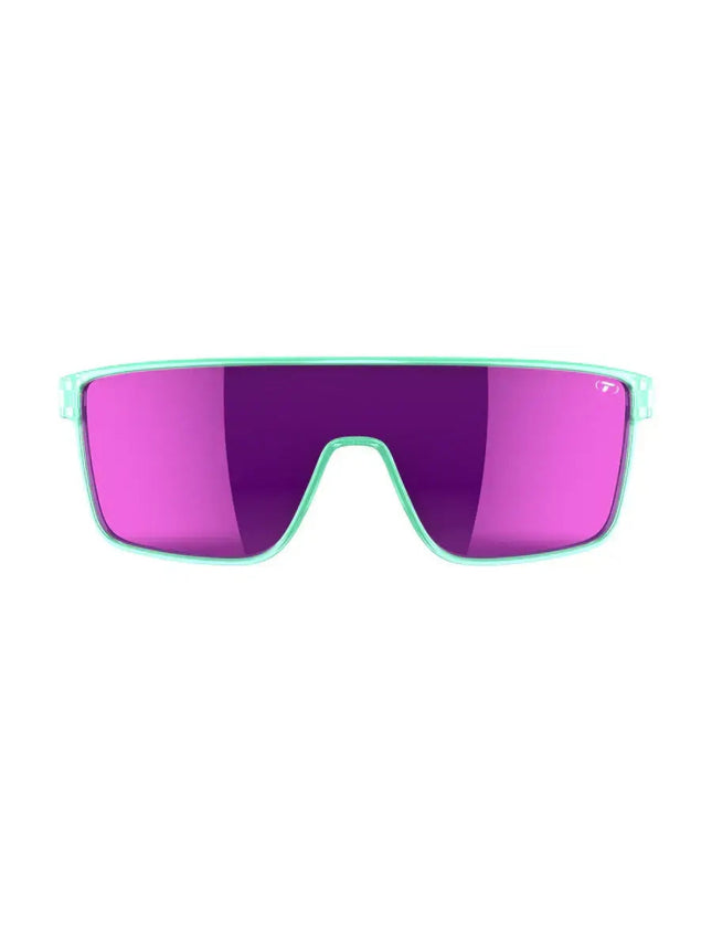 Mint green sunglasses with purple lenses and a small white T logo in the top right corner