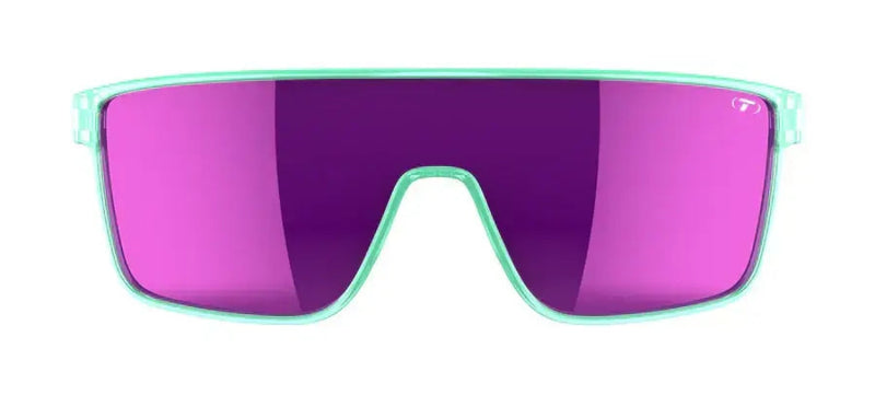 Mint green sunglasses with purple lenses and a small white T logo in the top right corner
