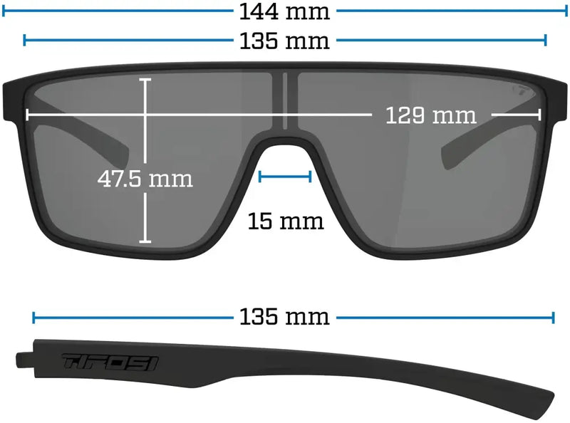 Tifosi Rail sunglasses with measurements including frame width 144mm, lens width 129mm, and temple length 135mm
