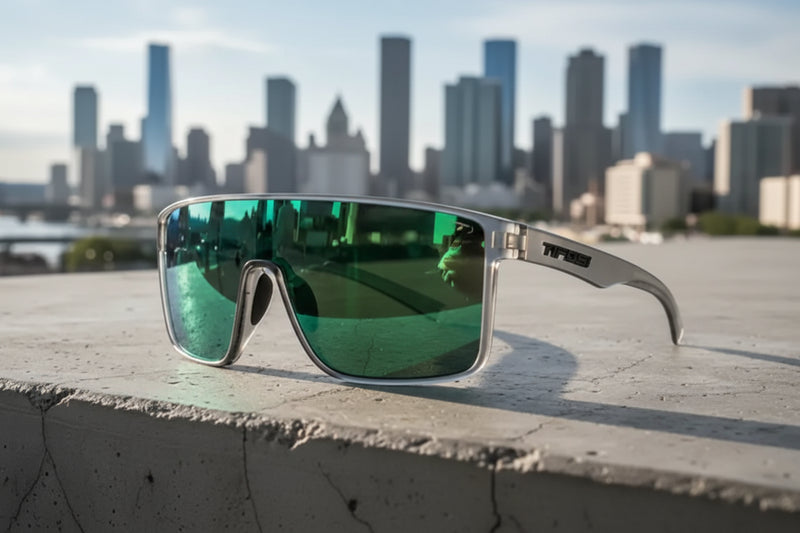 Silver frame sunglasses with green reflective lenses on a concrete ledge, city skyline in background