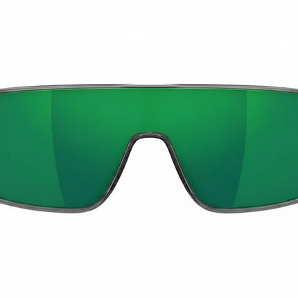 Front view of green mirrored sunglasses with a dark grey frame