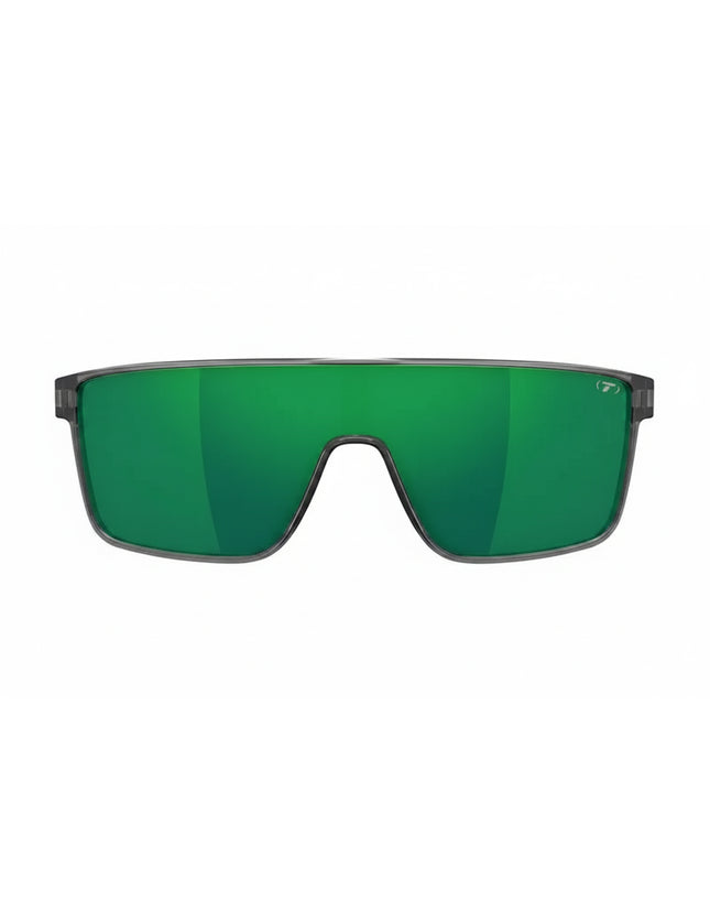 Front view of green mirrored sunglasses with a dark grey frame